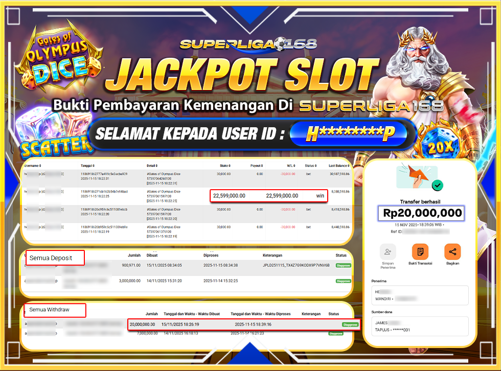 SUPERLIGA168 JACKPOT GATES OF OLYMPUS DICE Rp.20,000,000-LUNAS